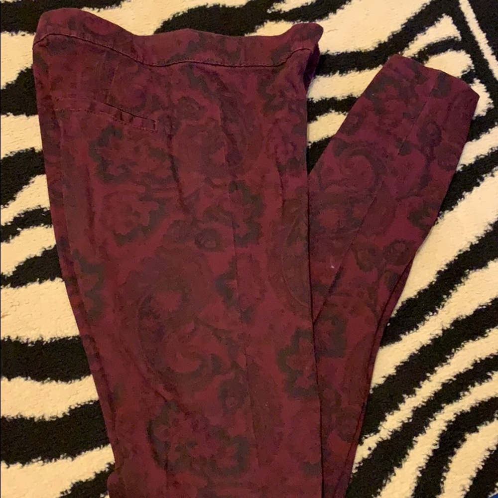 Burgundy pants. Comfortable.